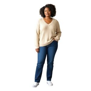 Tommy Hilfiger Womens XXL Cable Knit V-Neck Sweater Cream Cotton Wool Blend NEW